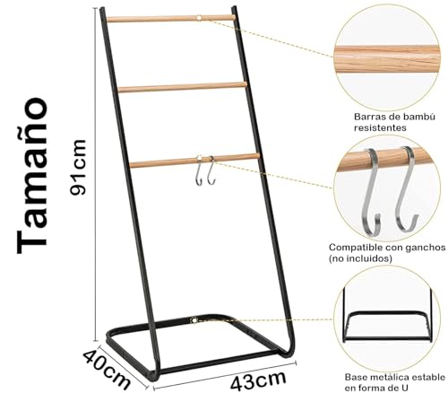 Miniatura 2 de Toallero De Pie 3 Niveles De Bambú Y Metal Negro, Soporte De Toallas Múltiple Para Baño De Bambú Con 3 Barras Para Colgar Toallas, Ideal Para El Hogar Y El Baño, 91x43x40cm