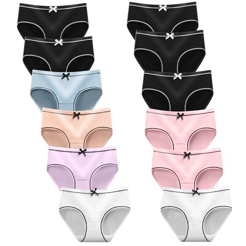 AYBUY Unterwäsche für Mädchen, 12er Pack Unterhosen Teenager Mädchen, Weiche Schlüpfer, Stretch Slips, Atmungsaktive und Bequeme Slip für Jugendliche, M(8-12 Jahre)
