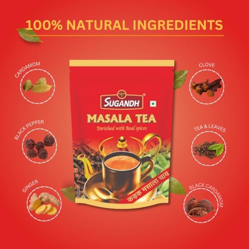 Image of Sugandh Masala Tea | 200G X4 | Pack of 4| 800G| Made with Real Spices - Ginger, Cardamom, Cloves, Black Pepper | 100% Natural Ingredients | A Perfect Premium Cup of Tea for Chai Lover