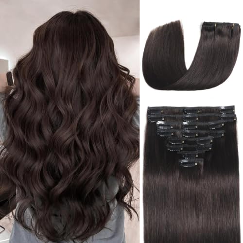 Image of Clip in Hair Extensions Real Human Hair Dark Brown Hair Extensions Clip Ins