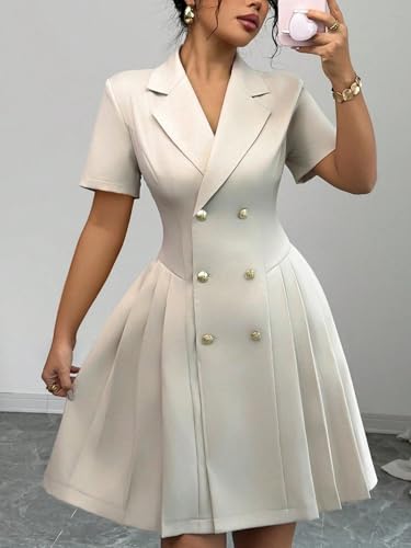 Women’s Elegant Double-Breasted Pleated Blazer Dress Short Sleeve Notch Lapel A-Line Slim Fit Suit Dress Business Office4
