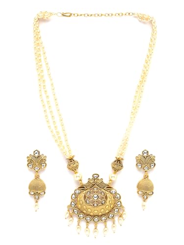 Image of Adiva Stylish Traditional Gold-Plated Kundan Stone Studded & Pearls Handcrafted Necklace with Earrings Jewellery Set for Women & Girls
