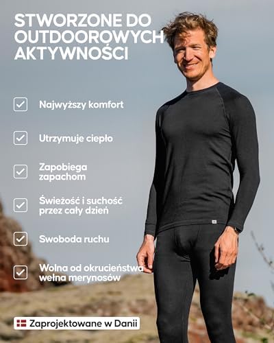 DANISH ENURANCE Komplet Męskiej Bielizny Termoaktywnej z Wełny Merino, Koszulka z Długim Rękawem i Kalesony, Premium, na Narty, na Snowboard, w Góry, Sportowa, Oddychająca, Odprowadzająca Pot, Szybkoschnąca