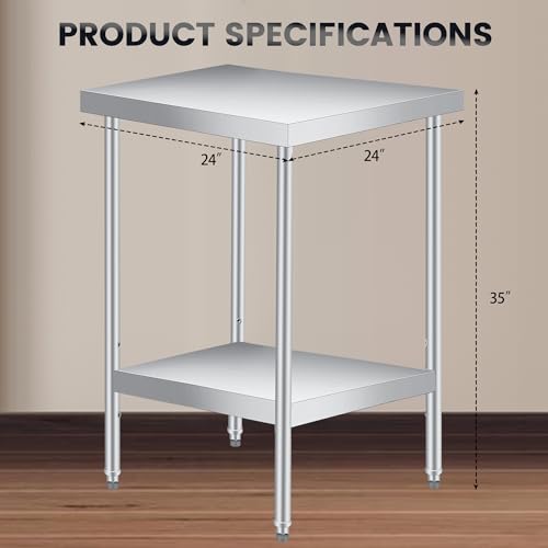 Image of Stainless Steel Table, 24 inch x 24 inch Heavy Duty Worktable with Adjustable Undershelf, 2 Tier Metal Prep Table for Commercial Kitchen, Restaurant, Garages