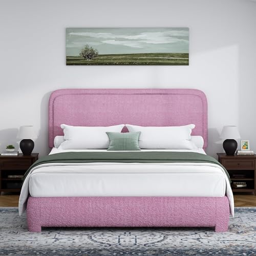 Image of BarnFurin Queen Bed Frame, Cloud Boucle Headboard, Low Profile, Rose Pink | Soft boucle and rounded edges create a low-profile cloud look. Wooden slats support the mattress without a box spring