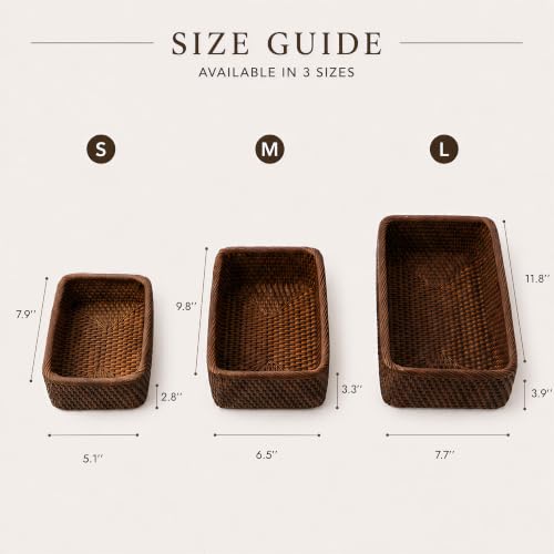 Image of Yangqihome Natural Rattan Storage Baskets, Rectangular Woven Fruit Baskets, Decorative Wicker Basket and Small Baskets for Organizing,Set of 3, (Brown)