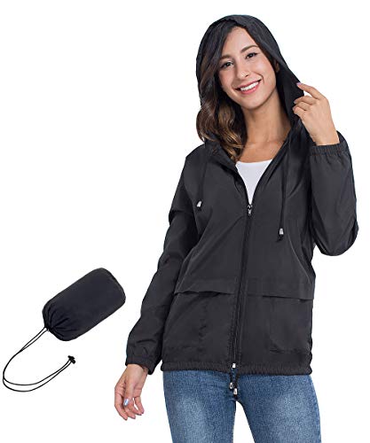 JTANIB Women's Lightweight Packable Waterproof Hooded Rain Jacket S-XXL Black