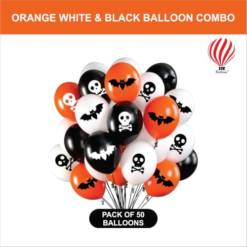 Image of HK balloons Rubber 50Pcs White Black Orange Halloween Decorations Items For Printed Balloons Halloween Themed Pumpkin Balloons Set For Halloween Celebration Party Decoration Balloons