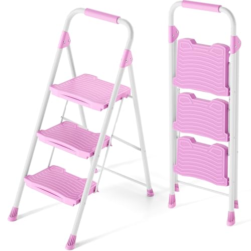 KINGRACK 3 Step Ladder Sturdy Step Stool with Handrail Anti-Slip Wide Pedals 900lbs Foldable Step Stool for Home Garage Garden Household Large Loading Capacity Pink