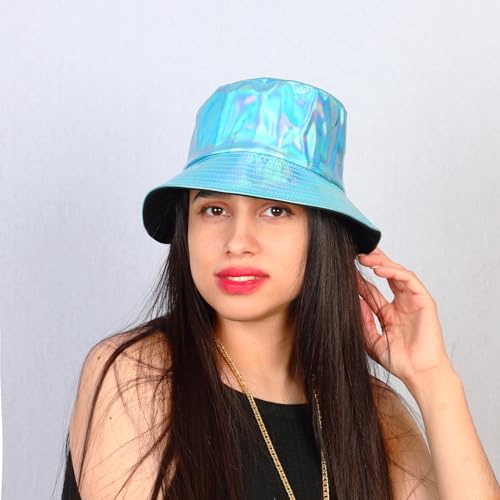 Image of Unisex Black Bucket Hat Waterproof Rain Hat Reversible Shiny Rave Bucket Hat for Concert Festival