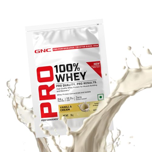 Image of GNC Pro Performance 100% Whey Protein | New Formulation | 24g Protein, 5.7g BCAAs, 12.3g EAAs | Added DigeZyme | Whey Isolate & Concentrate Blend, Low Carb (4.51g), No Added Sugar | Vanilla Cream, 35g