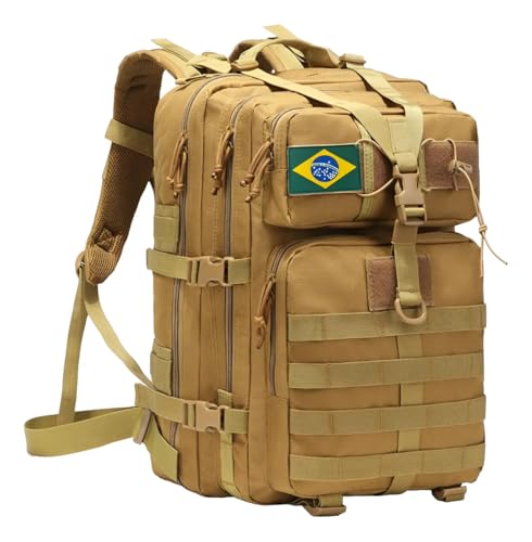 Mochila Tática Militar, 30 Litros, Impermeável, com 3 Compartimentos, Ideal para Camping, Viagens e Escola (Marrom)