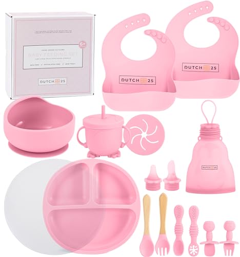 Image of DUTCH 25 Silicone Baby Feeding Set with Divided Suction Plate and Bowl, 2 Bibs, Breast Milk Storage Bags,