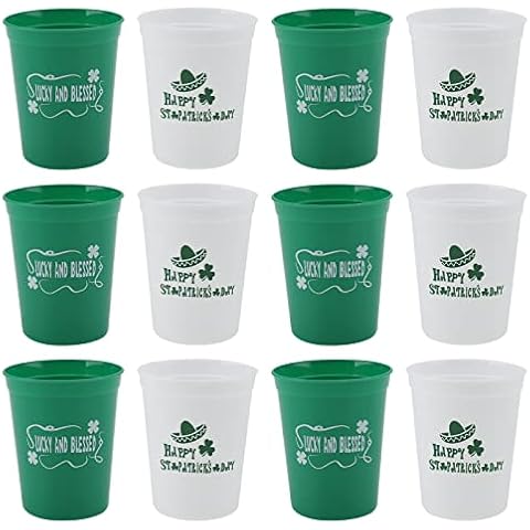 St. Patrick Day Disposable Party Cups - 12 Pack Reusable Tumblers,16oz Plastic Stadium Cups, ''HAPPY ST PATRICK'S DAY ''and ''LUCK AND BLESSED'' Designs, Perfect for St. Patrick's Day Party Supplies Cover