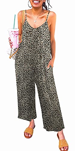 Snugwind Womens Leopard Jumpsuits Casual Sleeveless Spaghetti Strap Rompers Wide Leg Pants With Pockets Large Leopard #TOP1