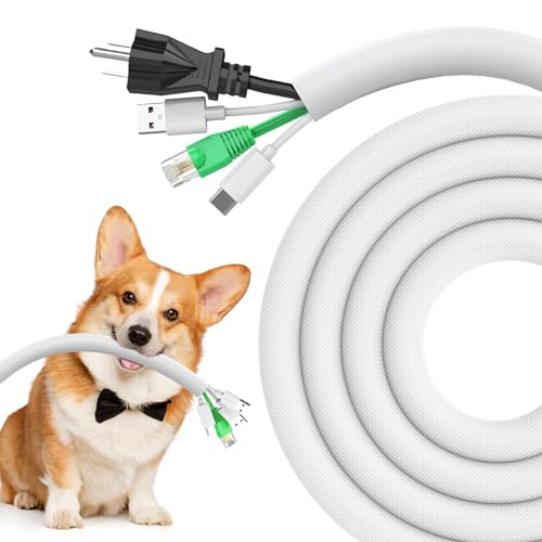 REFLYING Protecteur de Cordon pour Chien et Chat, 3 Mètres -12,7mm Gaines de Câbles, Protéger les fils de la Mastication des Animaux Domestiques, Manchon de Gestion des Câbles Tressé Extensible, Blanc