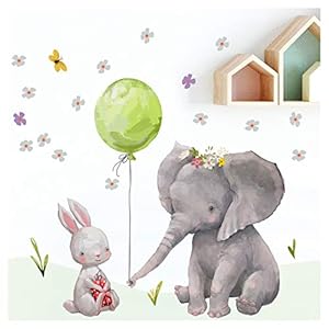 Little Deco Muursticker babykamer haas en olifant I L – 107 x 81 cm (B x H) I ballon groen kinderfoto’s deco kinderkamer…