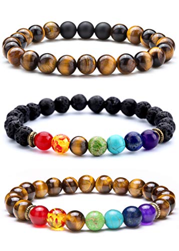 Doitory Men Women 8Mm Lava Chakra Essential Oil Diffuser Bracelet Yoga Meditation Elastic Tiger Eye Stone Bracelet Set #TOP5