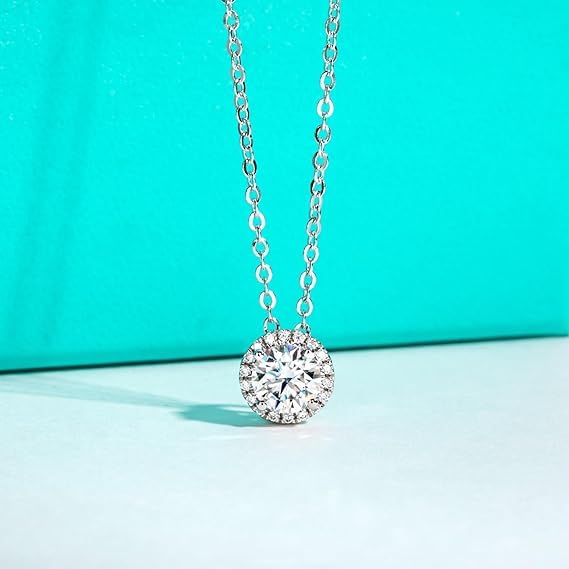 Naszyjnik damski - okrągły naszyjnik Moissanite z certyfikatem, srebro próby 925, kolor D, jakość VVS1, delikatne zaciskanie, długość łańcuszka 45 cm, odpowiedni do: Impreza/Podróż/Ślub/Urodziny