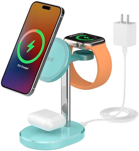 3 in 1 Wireless Charging Station,Detachable Apple Watch Charger & 15W Charger Stand for MagSafe for iPhone, Wireless Charger for Multiple Devices iPhone 16/15/14/13&Watch&AirPods(Green)