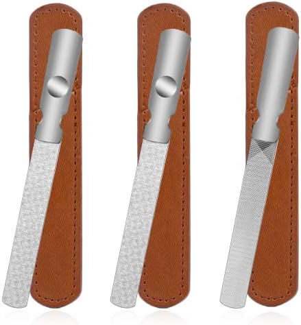 Stainless Stell Nail File,3 Pieces Professional Double Sided Metal Nail File with Leather Case Heavy Duty Nail File Reusable Manicure Filer Nail Files for Natural Nails with Anti-Slip Handle Metal fi