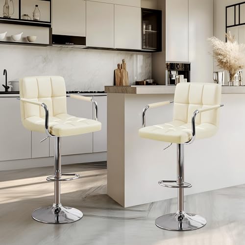 Image of Yaheetech Bar Stools Set of 2, Swivel with Backs, Adjustable Height, Beige