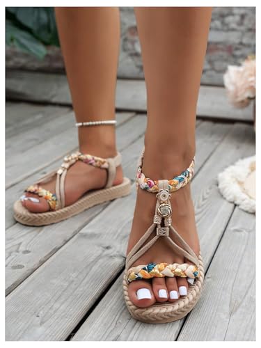 SweatyRocks Women's Braided Boho Open Toe Flat Sandals Summer Beach Sandals with Ankle Strap4