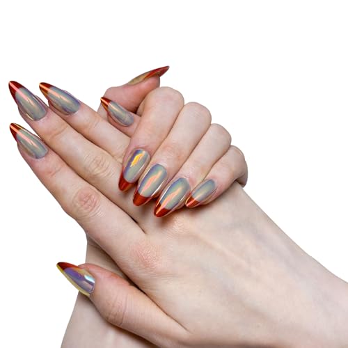 Glossy Glazed French Tip Press-On Nails – Medium Almond Shape | Effortless Salon Look in Minutes | 30-Piece Reusable Nail Kit with Glue | 15 Sizes for a Perfect Fit(Aurora Peach Mirror)
