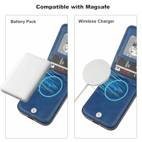 Image of KIHUWEY for iPhone 13 Case Wallet Compatible with MagSafe Wireless Charging, Credit Card Holder, RFID Flip Leather Magnetic Clasp Kickstand Heavy Duty Protective Cover 6.1 Inch (Blue)