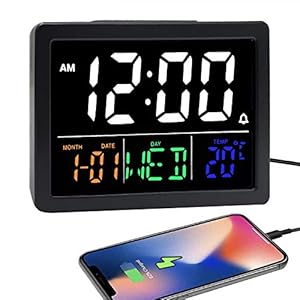Digital Alarm Clock, with 5.5″ Big LED Time Display, Adjustable Alarm Volume, 6 Level Brightness, Alarm Settings, Day of The Week, USB Charger, Temperature Detect, Snooze, Clocks for Bedroom, Black