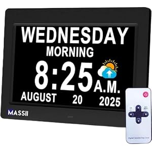 MASSII Dementia Clock with Date Time Voice Announcement, 27 Alarms Custom Reminders, Sleep Trainer, Auto DST, 10 Levels Night Dimmer, Large Talking Digital Calendar Clock for Elderly with 1.5M Adaptor