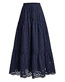 BTFBM Long Skirts for Women Summer 2026 Boho Lace Embroidery High Waist Flowy Tiered Spring Maxi Skirt Beach Vacation(Navy, Small)