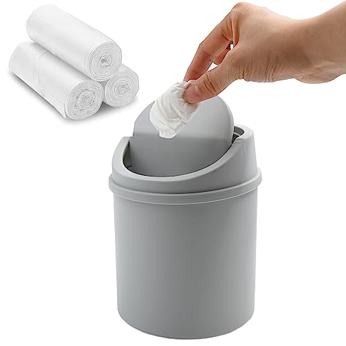 Dotbengc Plastic Small Desk Bin with 3 Rolls of Trash Bags, Mini Rubbish Bin for Kitchen Dffice Desktop, Tiny Wastebasket with Lid, Garbage Waste Can for Bedroom Bathroom Home Living Room