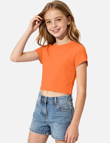 Image of Auranso Girls Crop Tops Kids Short Sleeve T-Shirts Basic Summer Tee Top