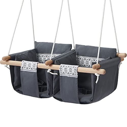 Image of Secure Twin's Baby Swing Seat with Safety Belt, Wooden Hanging Swing Seat Chair - Indoor Outdoor, Double Baby Hammock Swing for Twin Babies, Infant and Toddler, Gray Lace