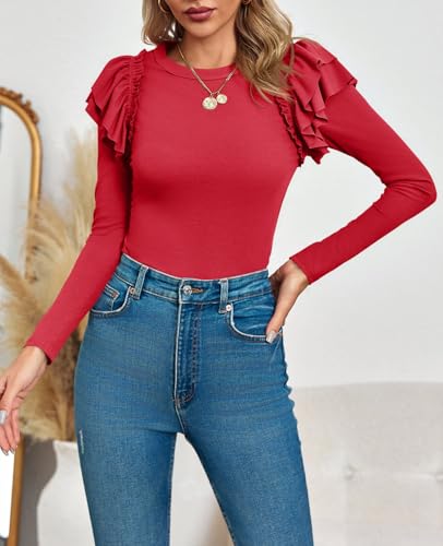 Tankaneo Womens Ruffle Long Sleeve Shirts Fitted Ribbed Knit Tops Fall Casual Crew Neck Tees4