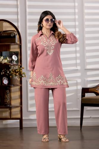Image of Fashion Kurta Sets for Women | Co Ord Sets Stylish | Kurti Sets for Women | Short Kurti | Ethnic Embroidered Straight Kurta Sets with Pants Suits