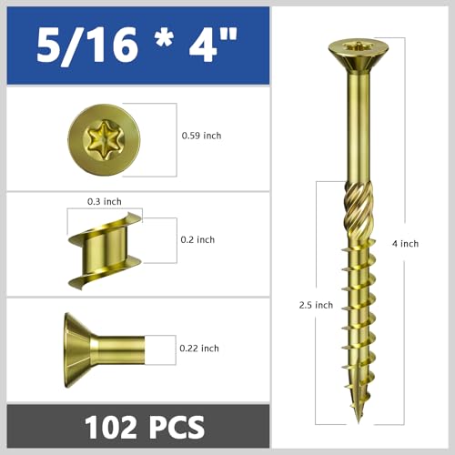 Image of Wensilon 5 /16 * 4 inch Yellow Zinc Deck Screws, (102pcs) 5 lbs.Exterior Wood Screws, Bronze, Star Bit