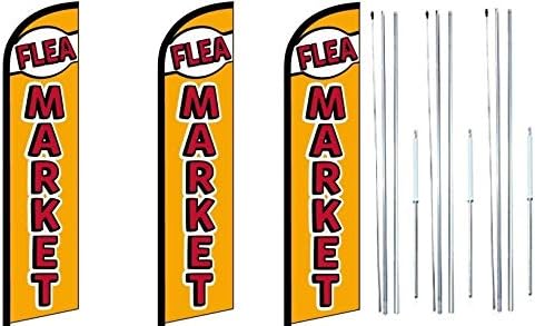 Flea Market King Windless Feather Flag Signs Kit With Complete Hybrid Pole set- Pack of 3 | 2.5 ft by 12 ft Flea Market Flag Signs for Businesses | Feather Flags for Business Flea Market