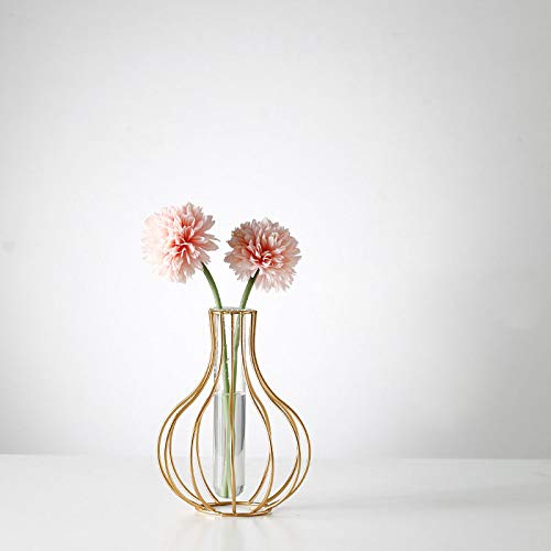 Zhooshz Gold Geometric Metal Frame Clear Glass Tube Flower Bud Vase | Bulb-Shaped Design And Handcrafted Curvature | Decoration And Centerpiece For Home, Office, Weddings And Parties #TOP3