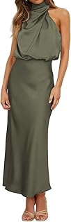 Hatant Satin Maxi Dress for Women Silk Wedding Guest Dress Maxi Dress Sleeveless Elegant Halter Neck Wrap Cocktail Dress