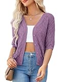GRACE KARIN Womens Cardigan Sweaters Short Sleeves V-neck Bolero Cardigans Crochet Knit Open Front Shrugs Purple M