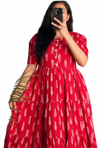 Image of Women's Rayon A-Line Midi Dress, Red and White Floral Print, Short Sleeves, Tiered Design, Round Neck, Summer Wear
