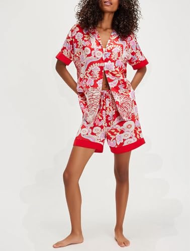 Image of Women Silk Pajamas Floral Satin 2 Piece Pajama Sets | Button Down Short Sleeve Shirt and Elastic High Waist Shorts, Vintage 2Pcs Pj Sets, Two Piece Lounge Set, Elegant Sleepwear