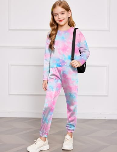 Image of Arshiner Girls 2 Piece Outfits Kids Trendy Tie Dye Sweatsuits Sets | Size 5-14Y, Girls 2-Piece Tracksuit Set, Tie Dye Print, Long Sleeve Top & Jogger Pants, Soft Polyester, Elastic Waistband