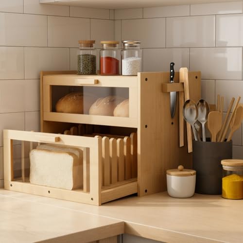 Colingmill 2 in 1 Breadbox with Bamboo Bread Slicer, Large Double Layer Bread Box for Kitchen, Countertop Storage Container with Clear Front Window, Baguette Slicer for Homemade Cakes