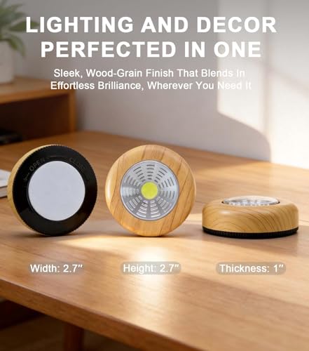Image of Wood Grain LED Puck Light, 6 Pack Wireless Tap Light Battery Operated, 6000K Daylight White Push Light for Under Cabinet, Closet, Wardrobe, Shelf