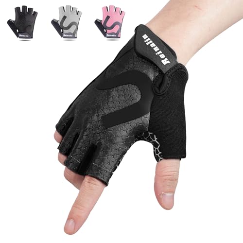 Reinalin Gants de Cyclisme,Gants VTT,de Bicyclette,de Montagne de Bicyclette d'Autoroute de,Demi-Doigt pour Hommes Femmes Rembourré Antidérapage Respirant (M)