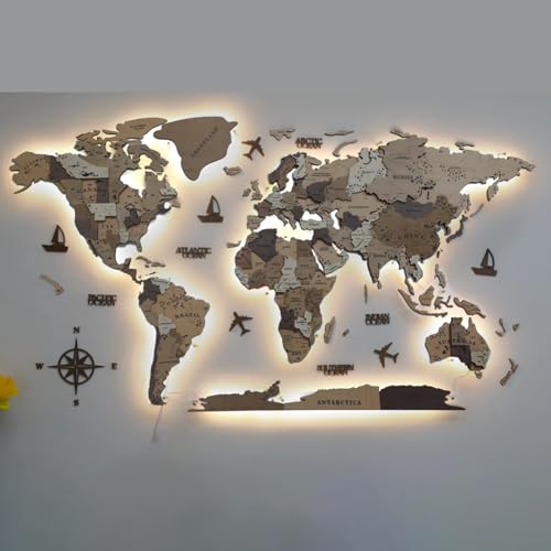 3D LED Wall Art - Wood and Acrylic World Map Mural for Living Room, Extra Large Home Decor with LED Lighting