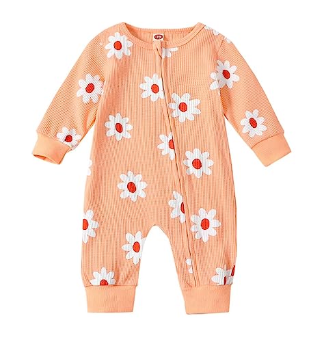 Image of Newborn Baby Girl Romper Fall Clothes Long Sleeve Flower Zipper Romper Organic Cotton One-Piece Jumpsuit Coverall (Orange Pink, 0-3 Months)